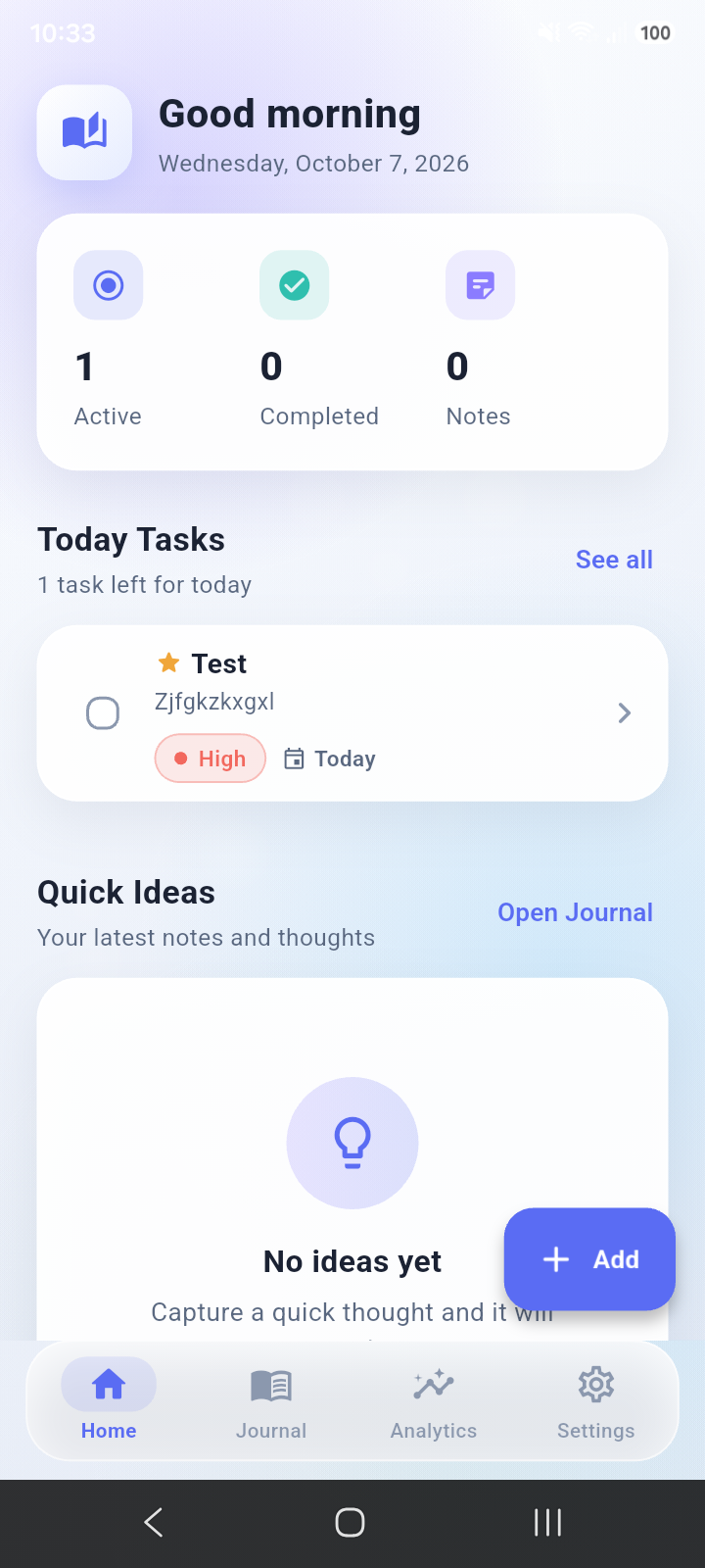 Pure White Journal home screen with today's tasks and quick ideas